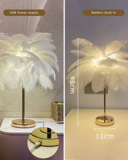 Ekskluzywna lampa stojąca z piór | Złota lampa z naturalnymi strusimi piórami