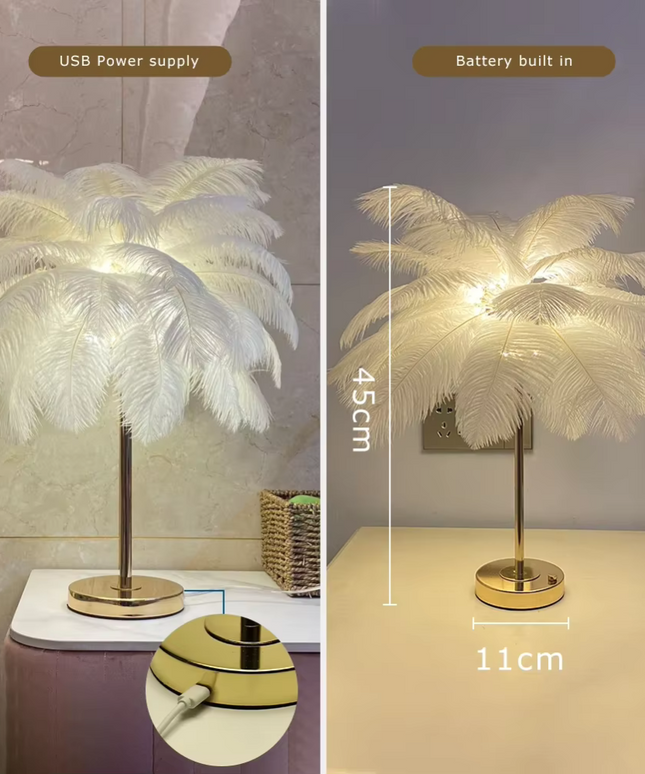 Ekskluzywna lampa stojąca z piór | Złota lampa z naturalnymi strusimi piórami